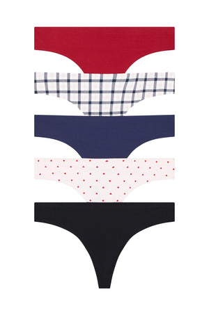 Sandra Thong 5 Pack - Panty - Teaberry/White Check/North Star/Fairytale Hearts/Black
