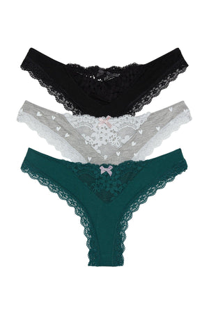 Willow Thong 3 Pack - Panty - Black/Heather Grey Hearts/Spruce