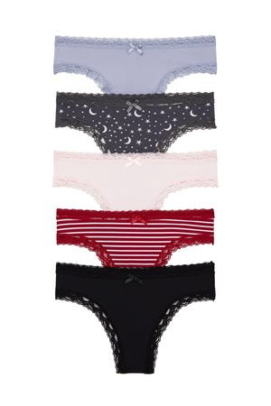 Petra Thong 5 Pack - Panty - Sky/Drizzle Stars/Fairytale/Teaberry Stripe/Black